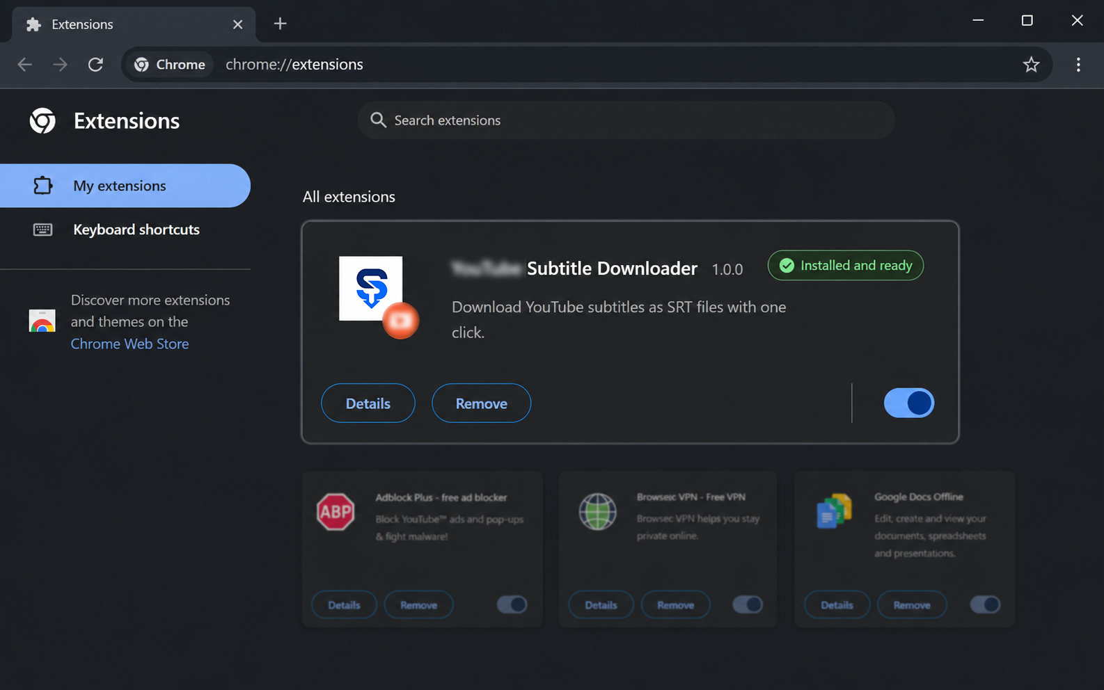 Chrome extensions page showing Subtitle Downloader installed, enabled, and ready to use