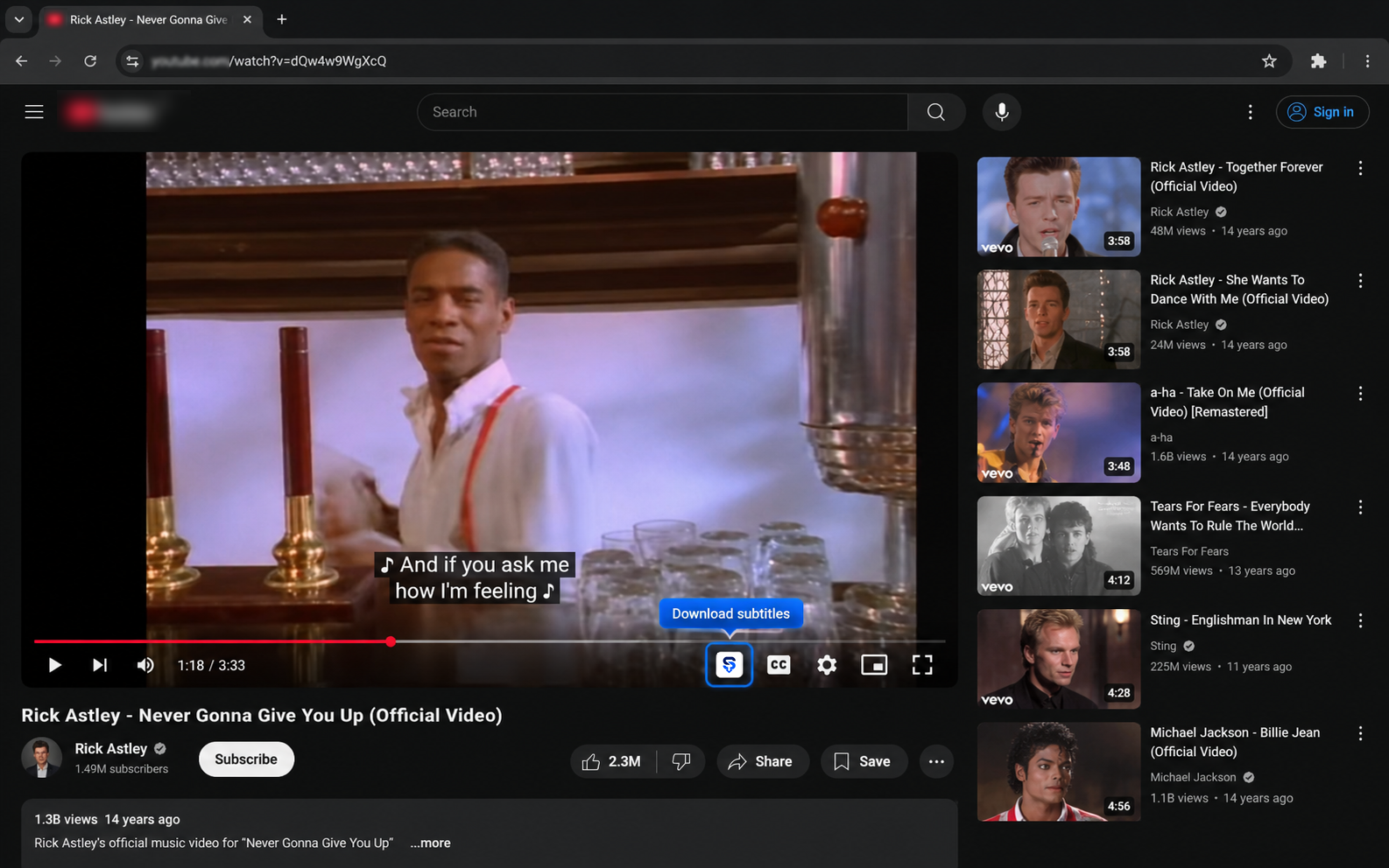 Popular video hosting watch page with Download subtitles button visible inside the player controls