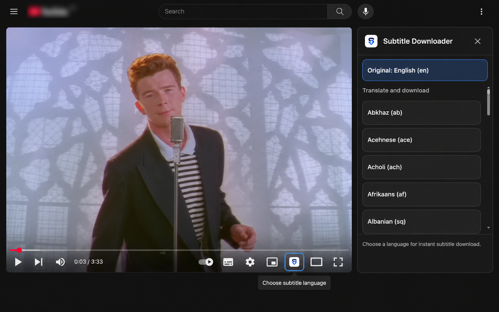 Video player with the Subtitle Downloader language chooser panel open