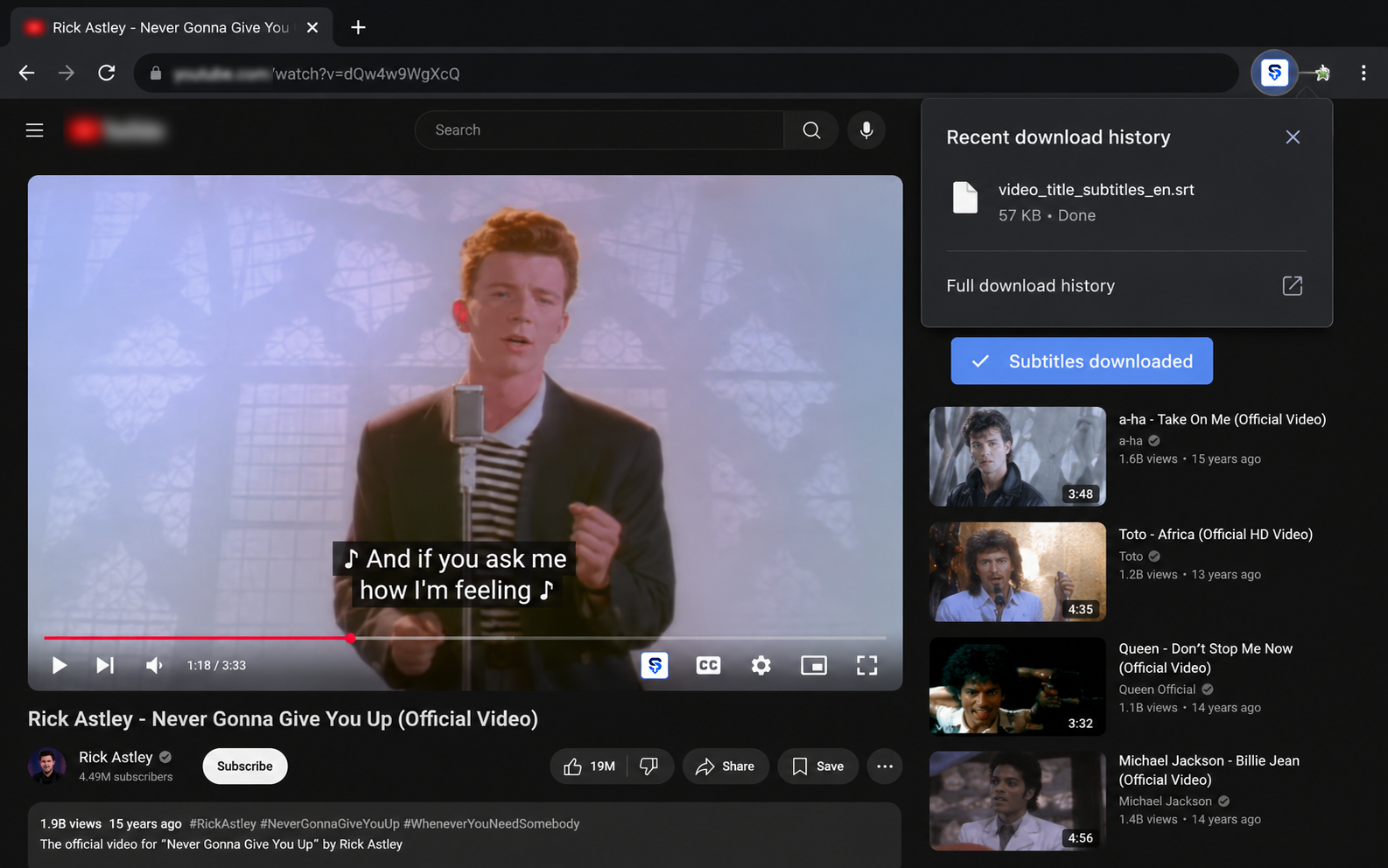 Video page with recent download history popup and subtitles downloaded confirmation after SRT export